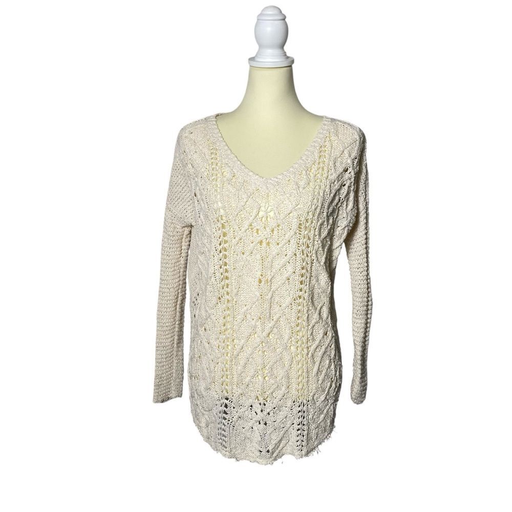 Free People Boho V-Neck Open Chunky Cable Knit Sweater Women's Size Medium